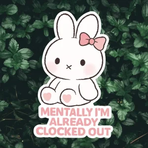 Mentally Clocked Out Bunny Sticker – Cute Kawaii Vinyl Decal, Funny Work Humor, Waterproof Laptop & Planner Sticker, Bunny Sticker
