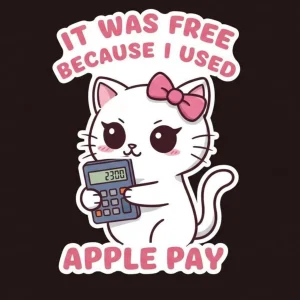 Kawaii Cat Apple Pay Sticker – Funny Finance Meme Cat Decal – Cute Money Humor Vinyl for Laptop, Hydroflask