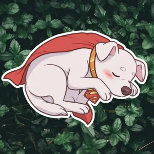 Sleepy Hero Dog Sticker – Cute Super Pup Sleeping Vinyl Decal – Cozy Cape Dog Sticker for Laptop, Water Bottle